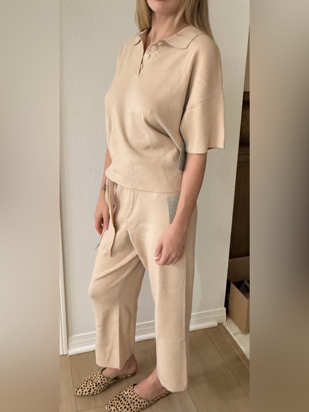 WAYF 2-Piece Soft Knit tie-waist cropped pant and matching polo
